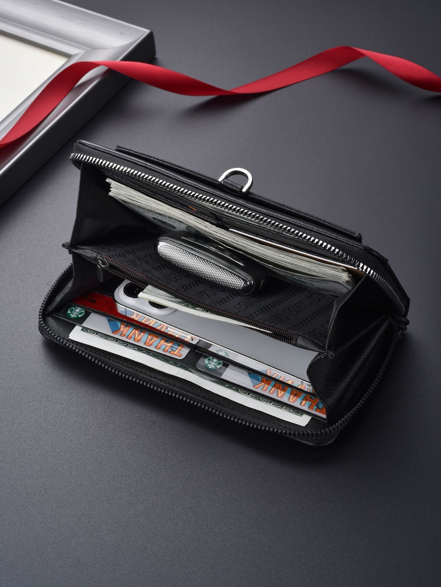 Black Classic Long Zipper Wallet Clutch - Large Capacity PU Leather Phone & Card Holder with Wrist Strap 8