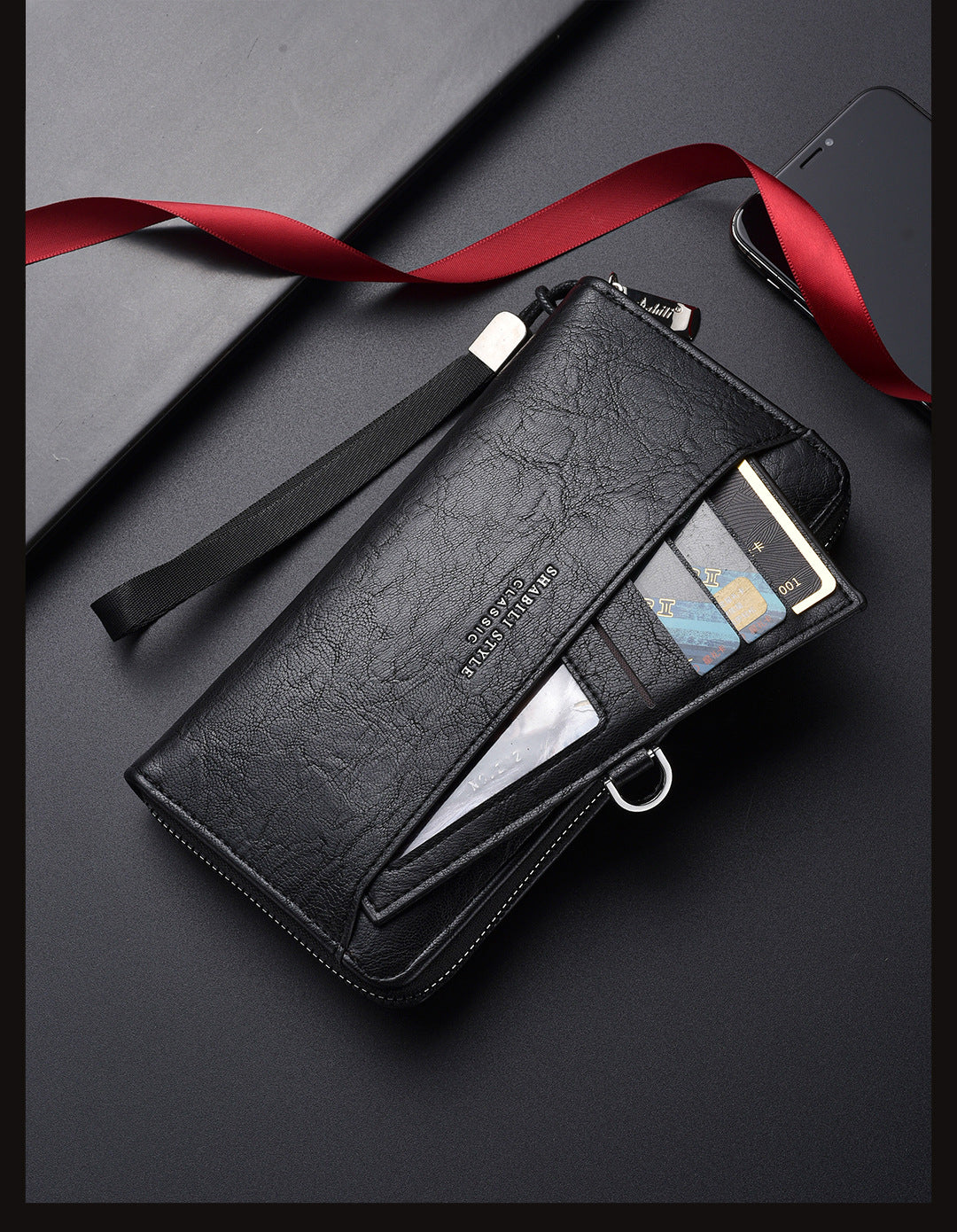 Brown Classic Long Zipper Wallet Clutch - Large Capacity PU Leather Phone & Card Holder with Wrist Strap 4