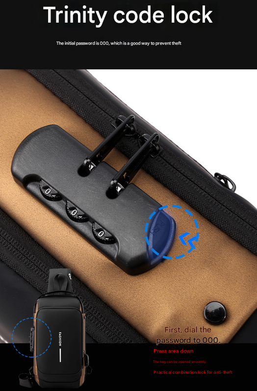 Black and Brown Men's Anti-Theft Crossbody Sling Bag with USB Charging Port & Combination Lock 7