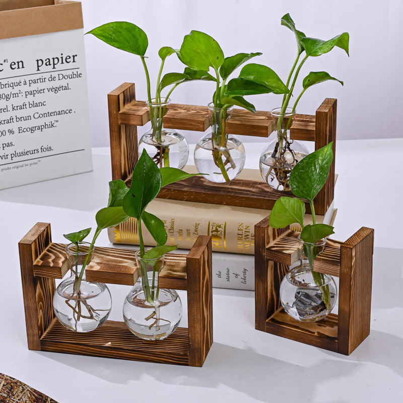 Brown Desktop Plant Propagation Station - Rustic Wooden Stand with 3 Glass Bulb Vases for Hydroponics & Cuttings 3
