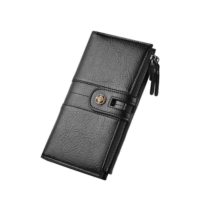 Black Men's Vintage PU Leather Long Wallet - High Capacity Dual Zipper Clutch with Phone & Card Slots
