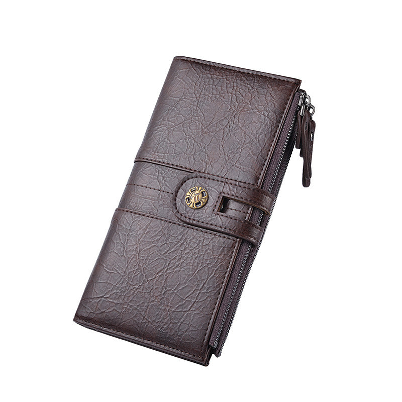 Coffee Men's Vintage PU Leather Long Wallet - High Capacity Dual Zipper Clutch with Phone & Card Slots