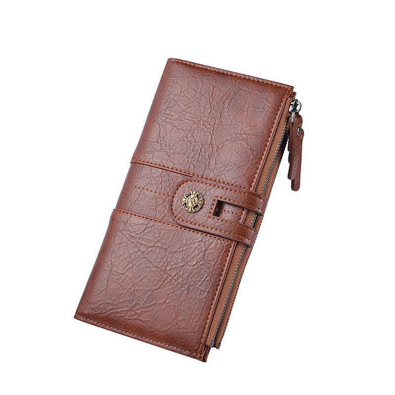 Brown Men's Vintage PU Leather Long Wallet - High Capacity Dual Zipper Clutch with Phone & Card Slots