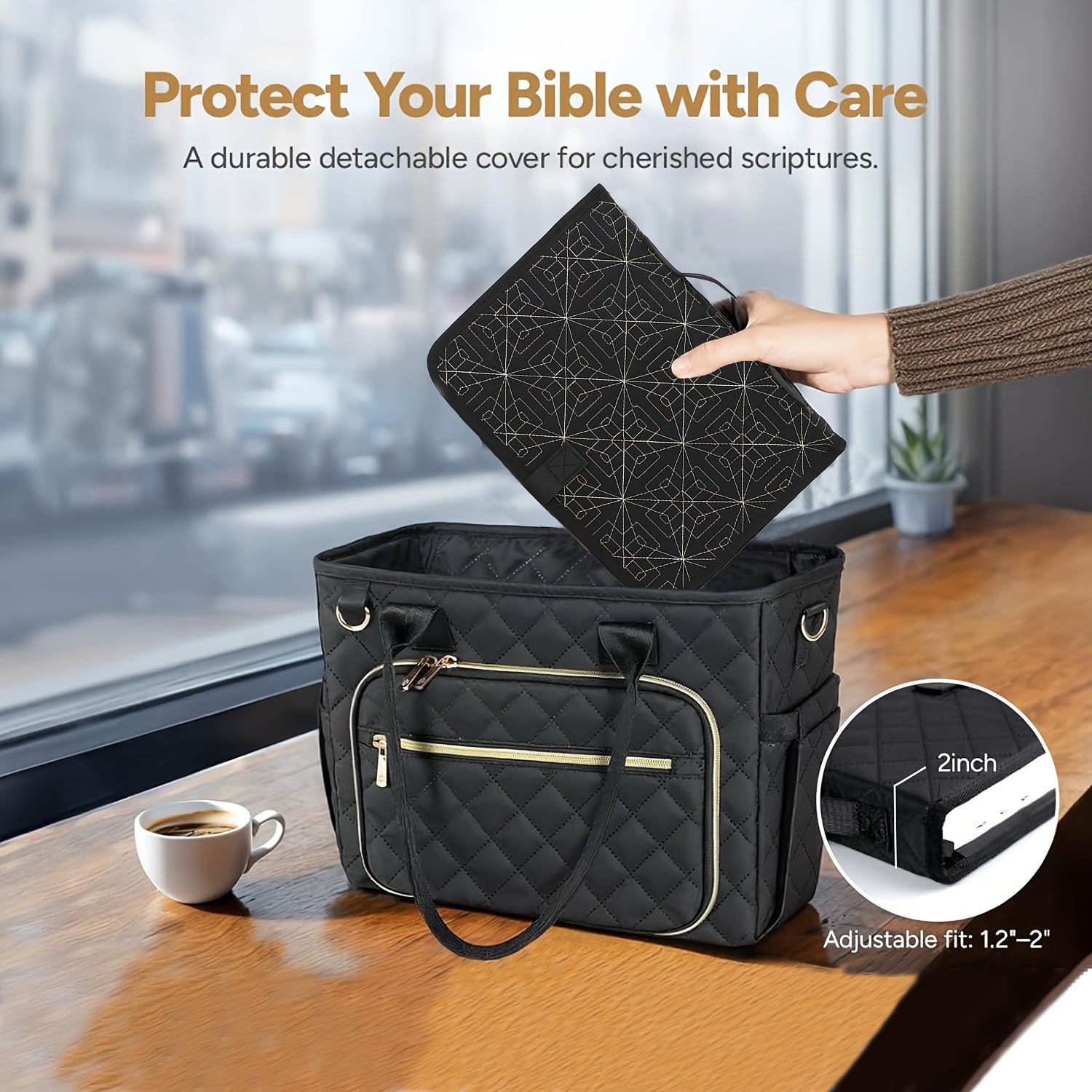 Black Elegant Quilted Bible Cover - Protective Book Case with Carry Handle 6