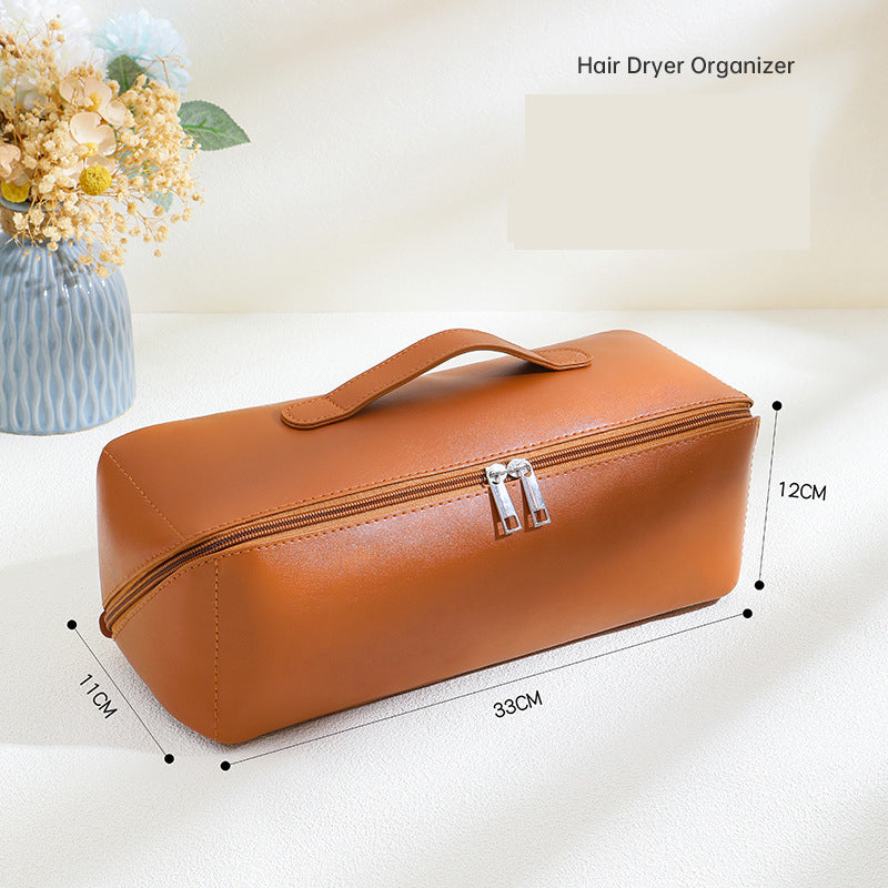 Brown Premium PU Leather Travel Case for Hair Styling Tools - Double Layer Waterproof Organizer Bag for Hair Dryer, Curler & Straightener