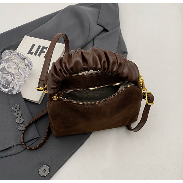 Coffee Chic Ruched Handle Crossbody Bag - Womens Faux Suede Top Handle Handbag with Detachable Strap 4
