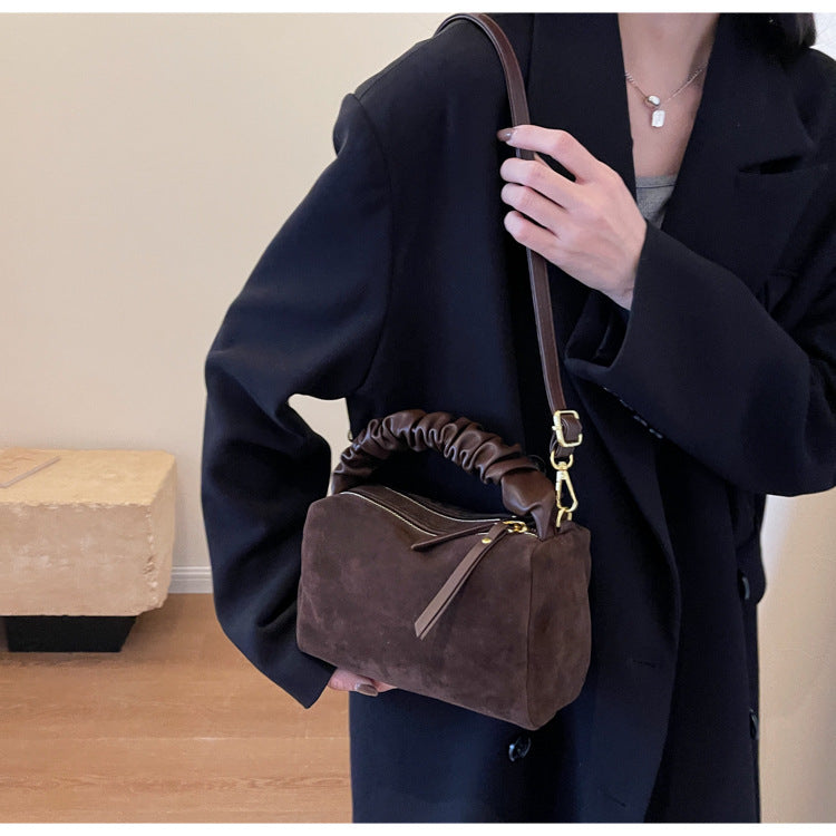 Coffee Chic Ruched Handle Crossbody Bag - Womens Faux Suede Top Handle Handbag with Detachable Strap 6