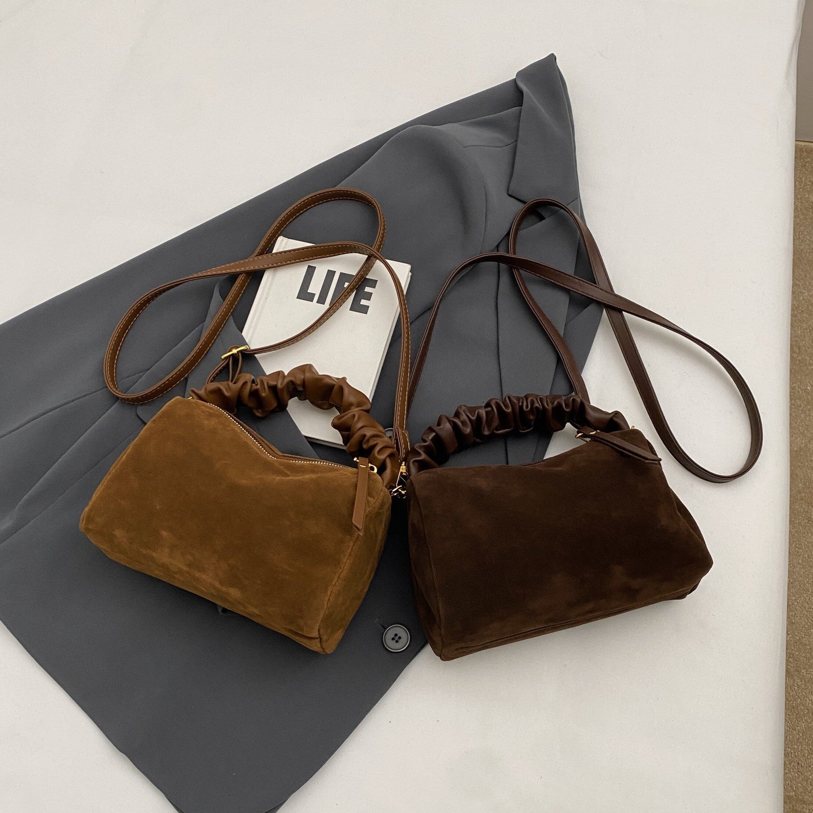 Coffee Chic Ruched Handle Crossbody Bag - Womens Faux Suede Top Handle Handbag with Detachable Strap 7