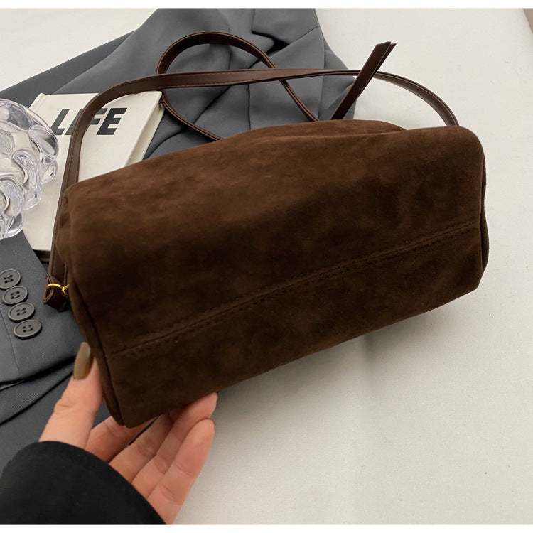 Brown Chic Ruched Handle Crossbody Bag - Womens Faux Suede Top Handle Handbag with Detachable Strap 4