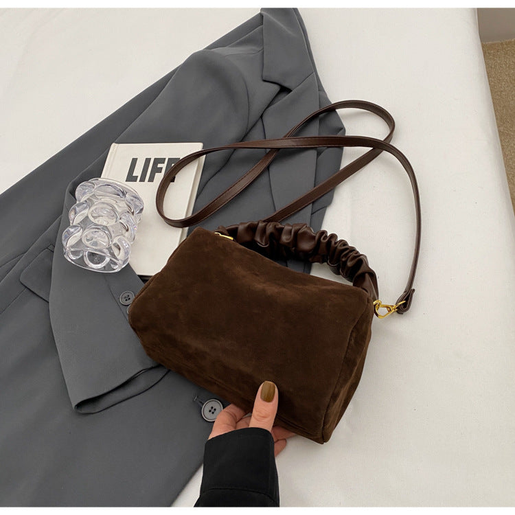 Brown Chic Ruched Handle Crossbody Bag - Womens Faux Suede Top Handle Handbag with Detachable Strap 6