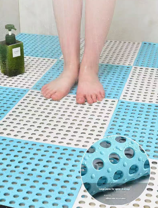 Grey And Green DIY Interlocking Non-Slip Floor Tiles - 18-Pack PVC Drainage Mat for Shower & Bathroom Safety 3