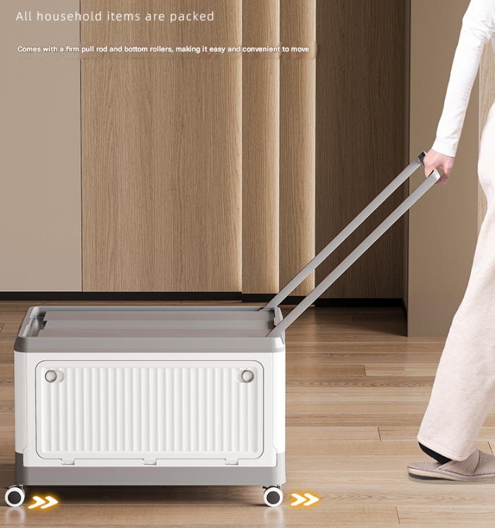 Size S Grey Collapsible Storage Box with Wheels and Telescopic Handle - Stackable Folding Crate for Car & Home