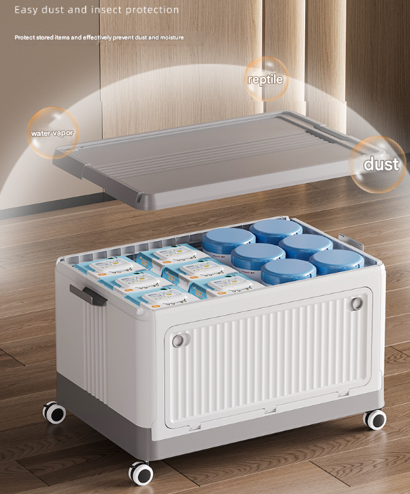 Size S Grey Collapsible Storage Box with Wheels and Telescopic Handle - Stackable Folding Crate for Car & Home 6