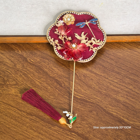 Red Exquisite Chinese Palace Style Mini Fan - Handheld Decorative Prop with Tassel for Photoshoots