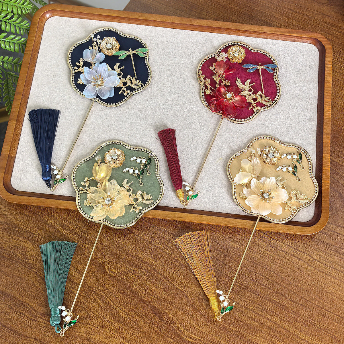 Dark Blue Exquisite Chinese Palace Style Mini Fan - Handheld Decorative Prop with Tassel for Photoshoots