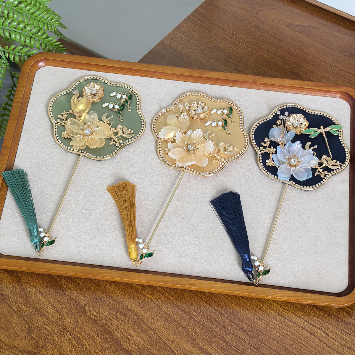 Dark Blue Exquisite Chinese Palace Style Mini Fan - Handheld Decorative Prop with Tassel for Photoshoots 3