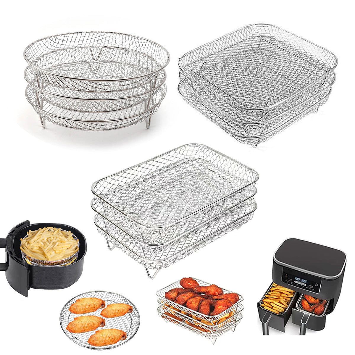 Silver 3-Pack Stackable Air fryer Racks - Food Grade Stainless Steel Multi-Layer Dehydrator & Crisper Tray Accessory 3