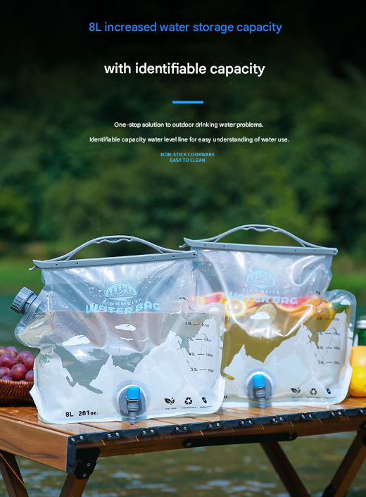 1 Piece Grey 8L Foldable Water Bag - Large Capacity Portable Water Carrier with Spigot for Camping & Outdoors 6