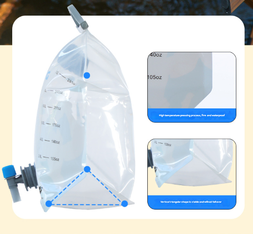 1 Piece Grey 8L Foldable Water Bag - Large Capacity Portable Water Carrier with Spigot for Camping & Outdoors 8