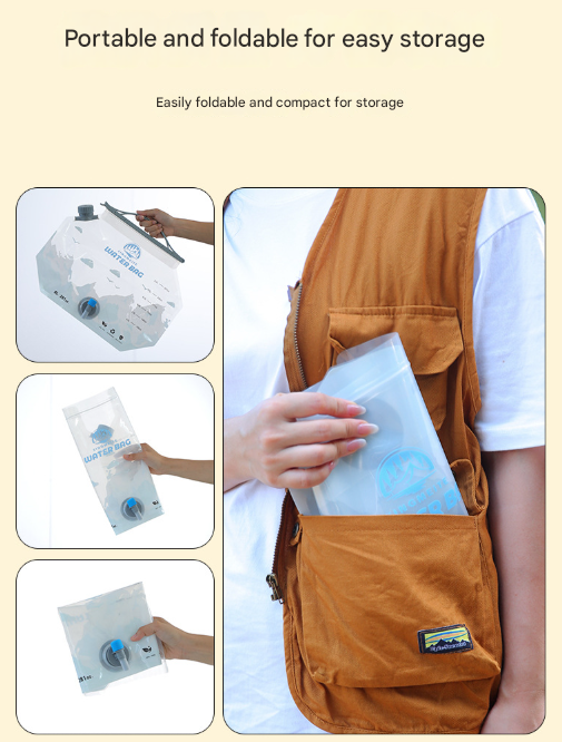 1 Piece Grey 8L Foldable Water Bag - Large Capacity Portable Water Carrier with Spigot for Camping & Outdoors 11