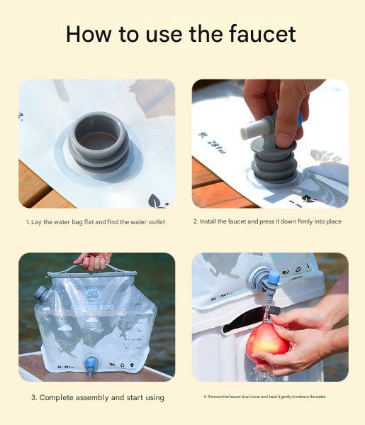 1 Piece Grey 8L Foldable Water Bag - Large Capacity Portable Water Carrier with Spigot for Camping & Outdoors 13