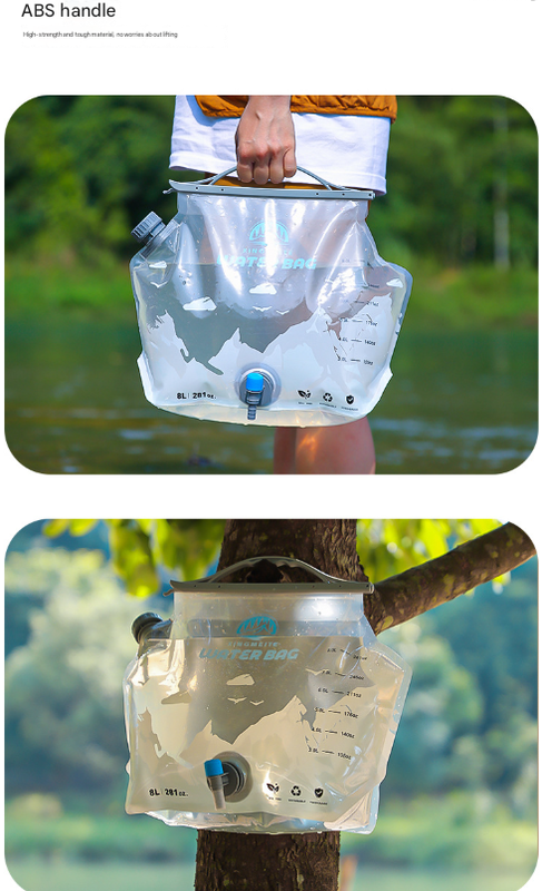 2 Pcs Grey 8L Foldable Water Bag - Large Capacity Portable Water Carrier with Spigot for Camping & Outdoors 7