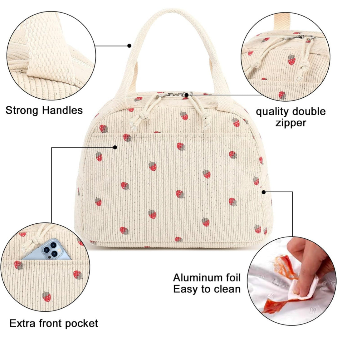 Beige Strawberry Pattern Corduroy Lunch Bag - Insulated Thermal Cooler Tote for School Work and Picnics 5