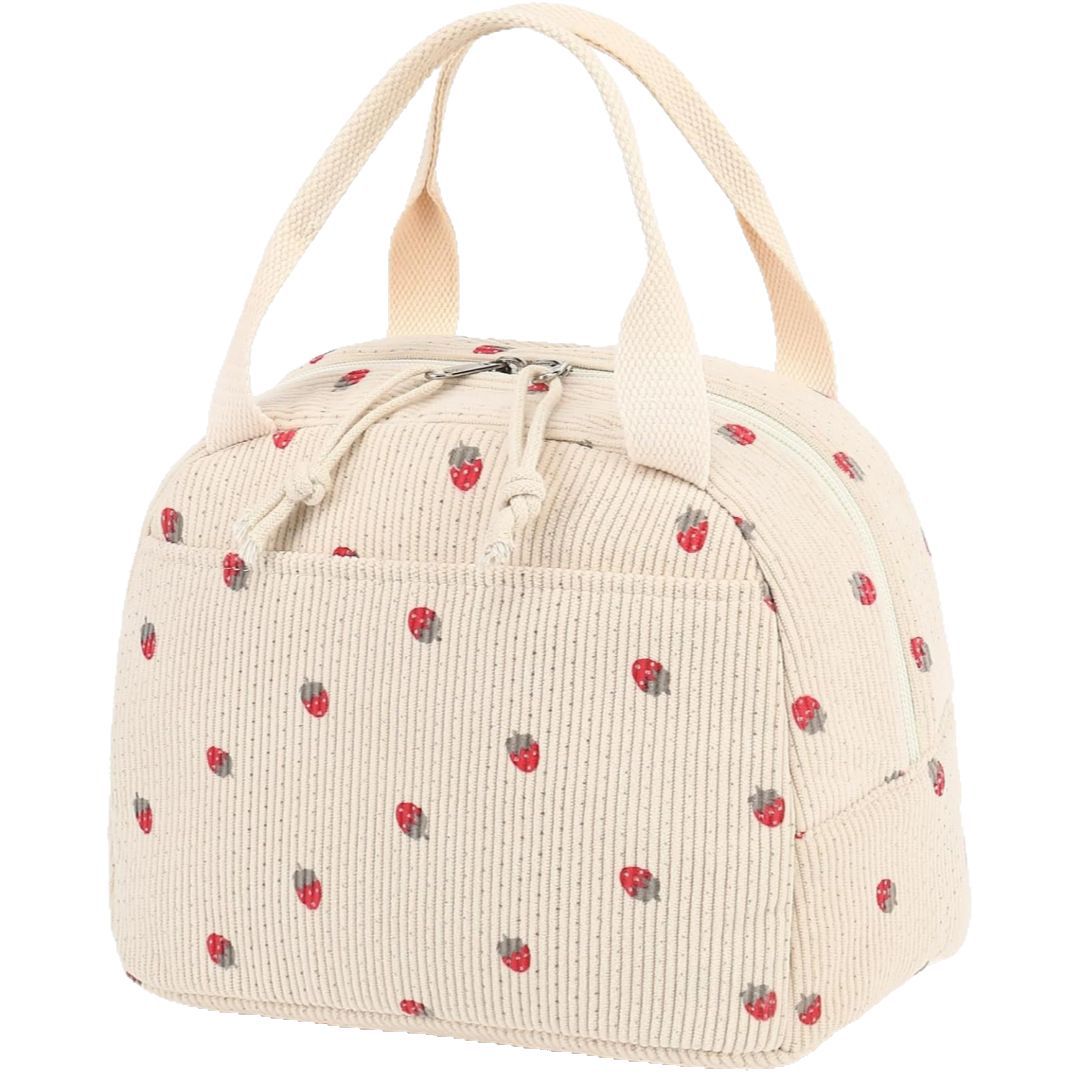 Green Strawberry Pattern Corduroy Lunch Bag - Insulated Thermal Cooler Tote for School Work and Picnics 6