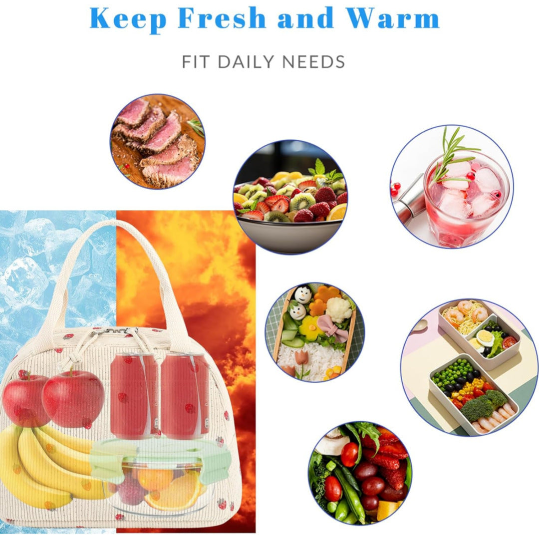 Pink Strawberry Pattern Corduroy Lunch Bag - Insulated Thermal Cooler Tote for School Work and Picnics 8