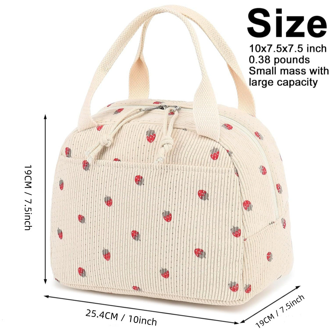 Beige Checkered Pattern Corduroy Lunch Bag - Insulated Thermal Cooler Tote for School Work and Picnics 4