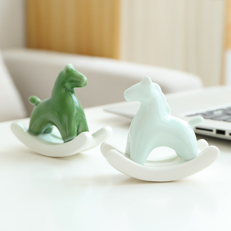 Green Modern Ceramic Rocking Horse Ornament - Cute Porcelain Figurine for Desk & Shelf Decor 4