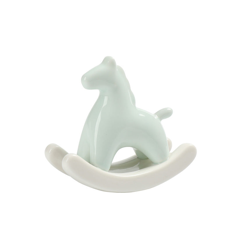 Light Green Modern Ceramic Rocking Horse Ornament - Cute Porcelain Figurine for Desk & Shelf Decor