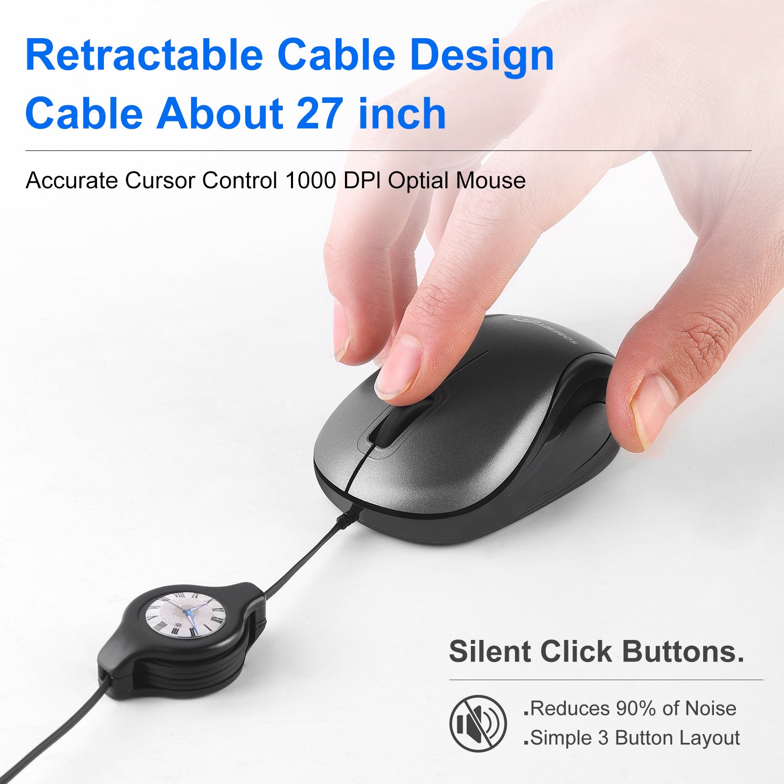 Grey and Black Portable Mini USB-C Mouse with Retractable Cable - Silent Click Travel Mouse for Laptop, MacBook, Tablet 3