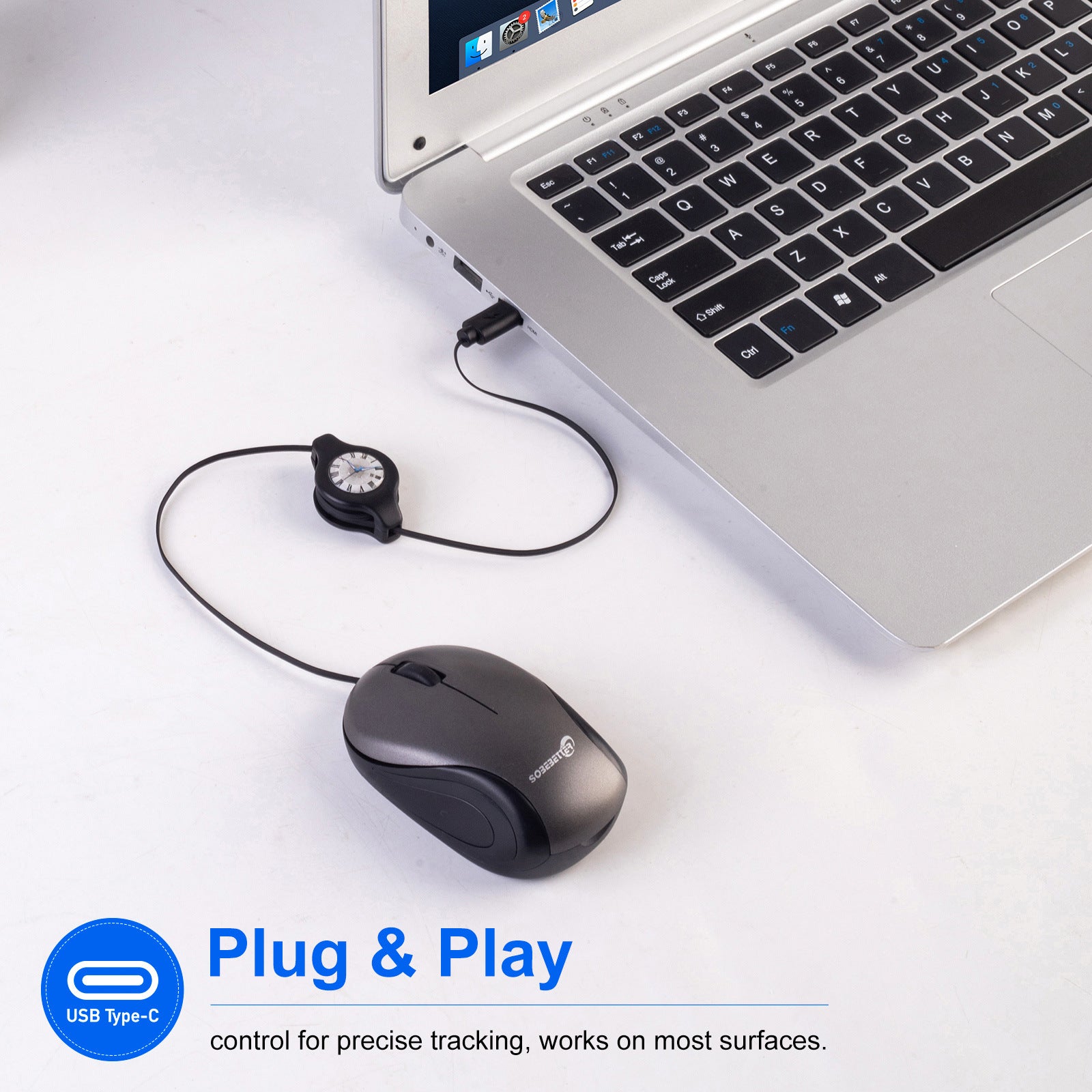 Grey and Black Portable Mini USB-C Mouse with Retractable Cable - Silent Click Travel Mouse for Laptop, MacBook, Tablet 5