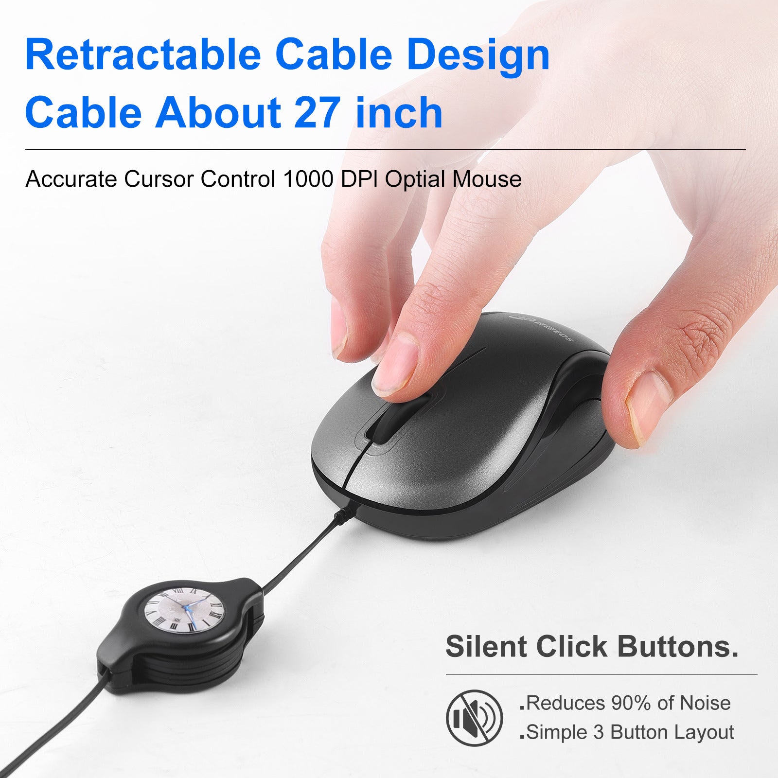 Grey and Black Portable Mini USB Mouse with Retractable Cable - Compact Travel Mouse for PC and Laptop 3