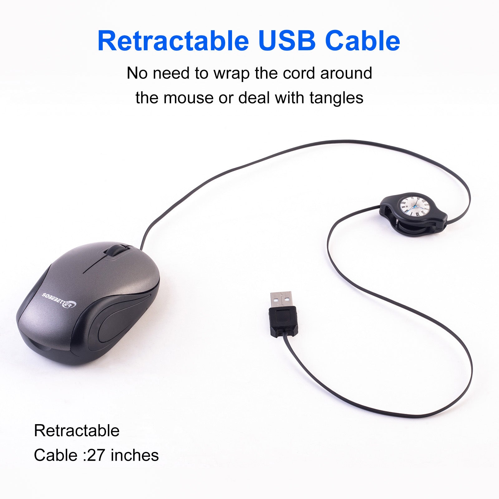 Grey and Black Portable Mini USB Mouse with Retractable Cable - Compact Travel Mouse for PC and Laptop 4