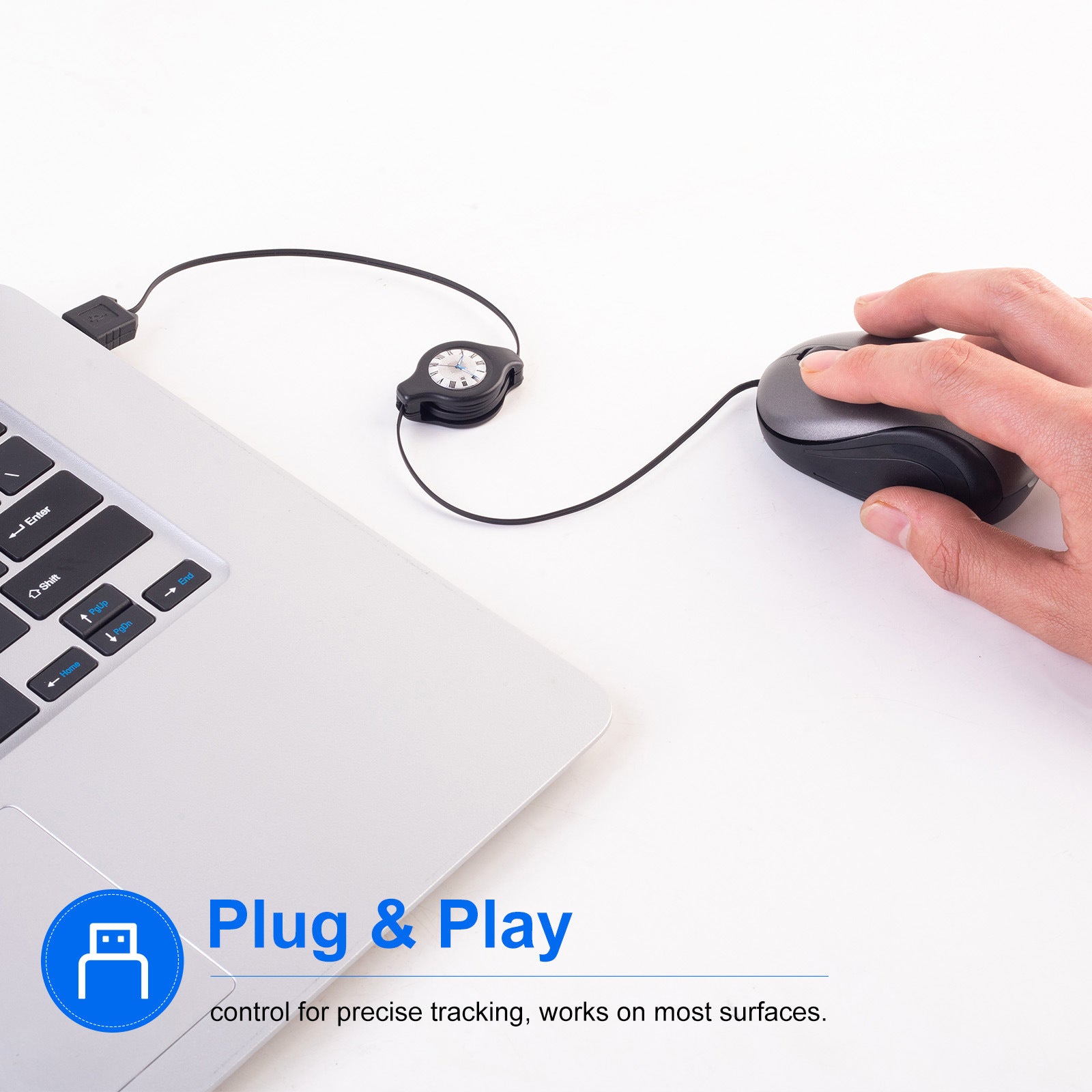 Grey and Black Portable Mini USB Mouse with Retractable Cable - Compact Travel Mouse for PC and Laptop 5