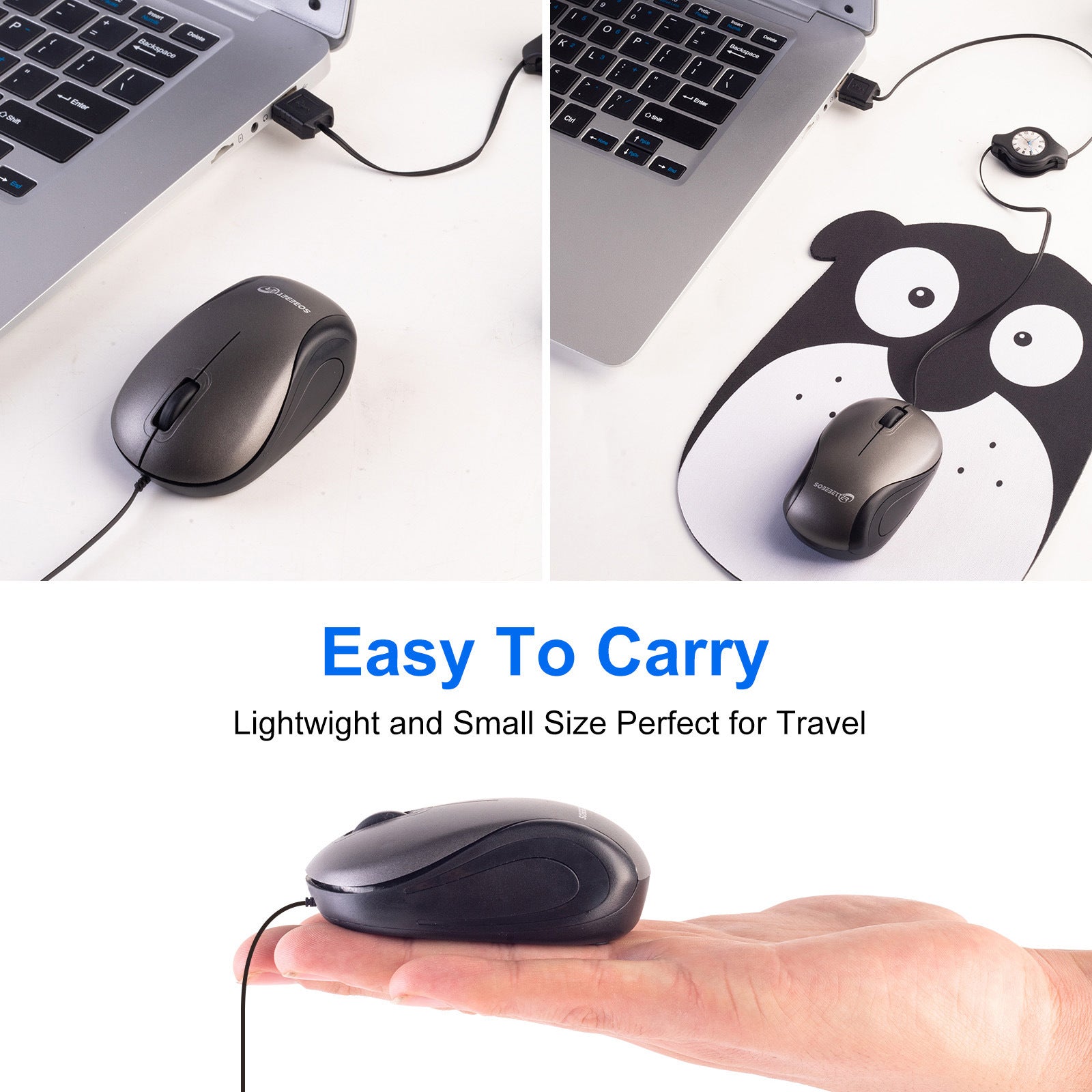 Grey and Black Portable Mini USB Mouse with Retractable Cable - Compact Travel Mouse for PC and Laptop 6