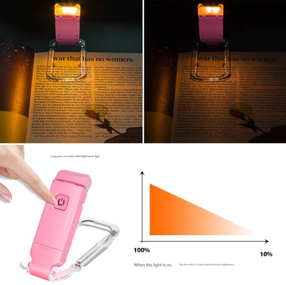 2 Pcs Pink USB Rechargeable Clip-on LED Book Light - 3 Color Modes & Dimmable Brightness for Eye-Caring Reading 8