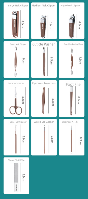Brown Premium 13-in-1 Manicure & Grooming Kit - Professional Carbon Steel Pedicure Set with Dual-Drawer Case & Mirror 6