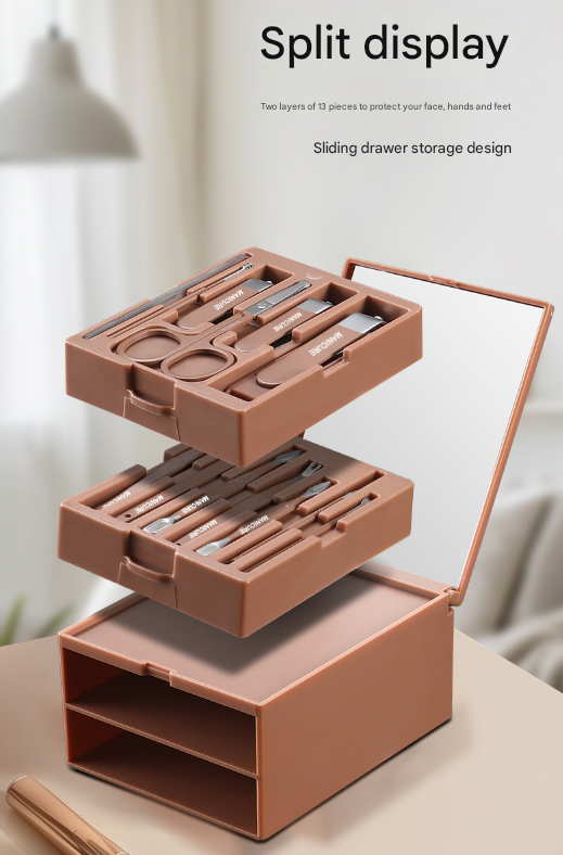 Yellow Premium 13-in-1 Manicure & Grooming Kit - Professional Carbon Steel Pedicure Set with Dual-Drawer Case & Mirror 4