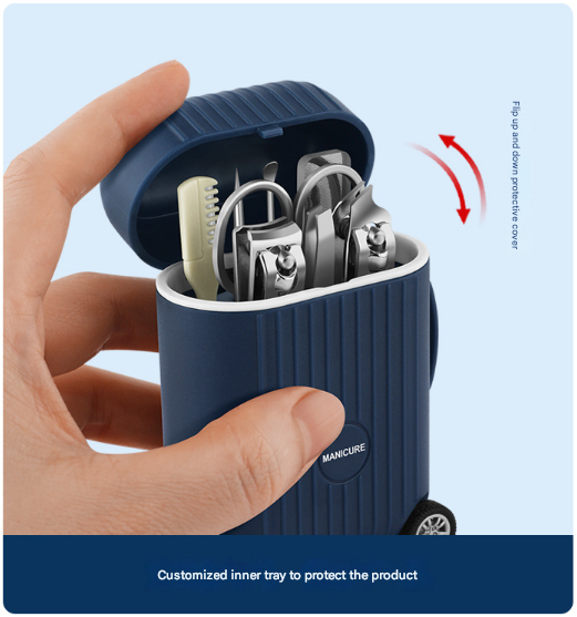 Dark Blue Mini Suitcase Manicure Set - 8-Piece Portable Grooming & Nail Care Travel Kit 4