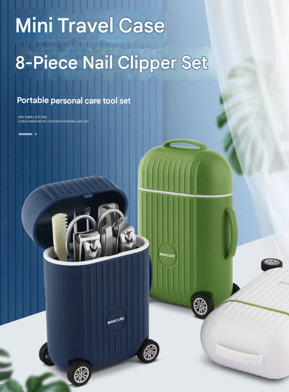 Green Mini Suitcase Manicure Set - 8-Piece Portable Grooming & Nail Care Travel Kit