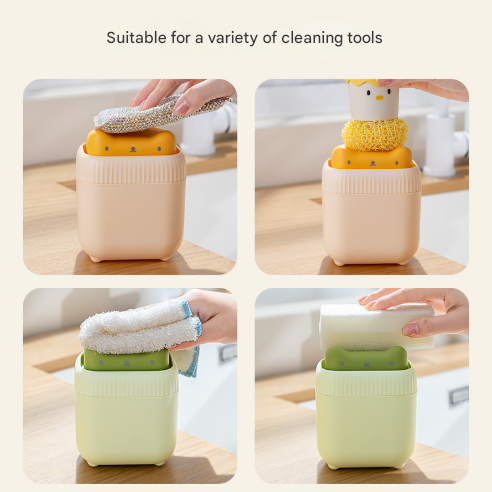 2 Pcs Green Cute Cat Press-to-Dispense Soap Pump & Sponge Caddy for Kitchen Sink 3