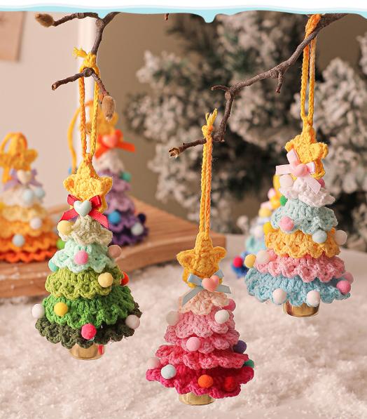 2 Pcs Style C Yellow and Green Handmade Crochet Christmas Tree Ornament - Festive Hanging Decoration with Jingle Bell 5