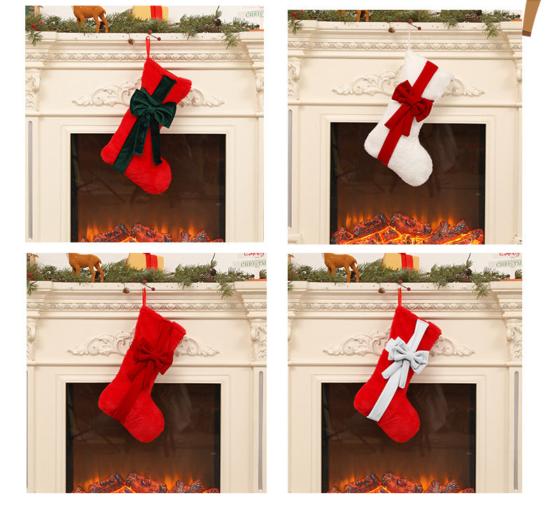 2 Pcs Red Stitching Green Bow Luxurious Velvet Christmas Stocking with Elegant Bow - Large 45cm Holiday Mantel Decoration
