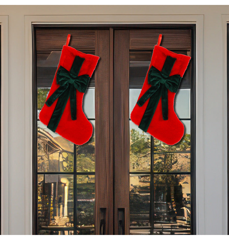 2 Pcs Red Stitching Green Bow Luxurious Velvet Christmas Stocking with Elegant Bow - Large 45cm Holiday Mantel Decoration 3