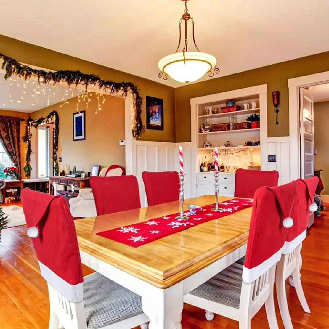 Red Festive Santa Hat Dining Chair Covers - Set of 8 for Holiday Party Decoration 8