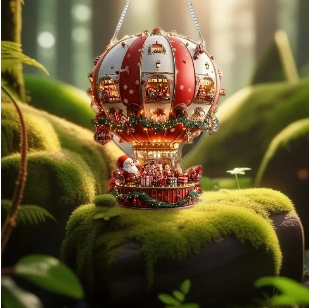 Red Whimsical Santa's Hot Air Balloon Ornament - 2D Flat Acrylic Hanging Decoration for Wall & Tree 3