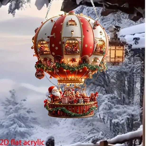 Red Whimsical Santa's Hot Air Balloon Ornament - 2D Flat Acrylic Hanging Decoration for Wall & Tree 4